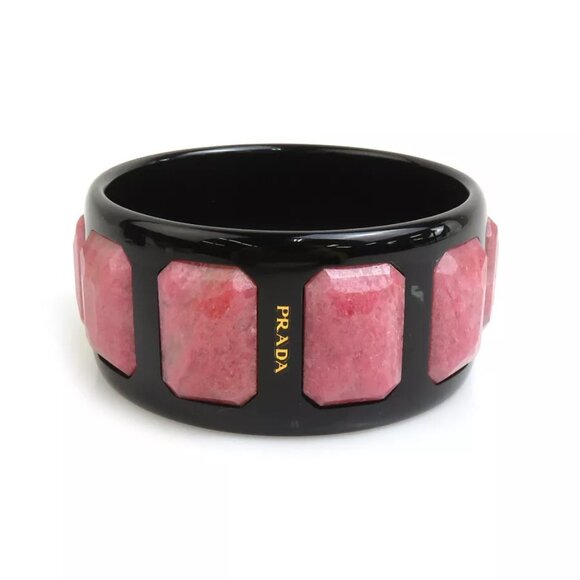 Auth PRADA Bangle Bracelet Black/Pink Plastic/Stone - - Picture 1 of 7